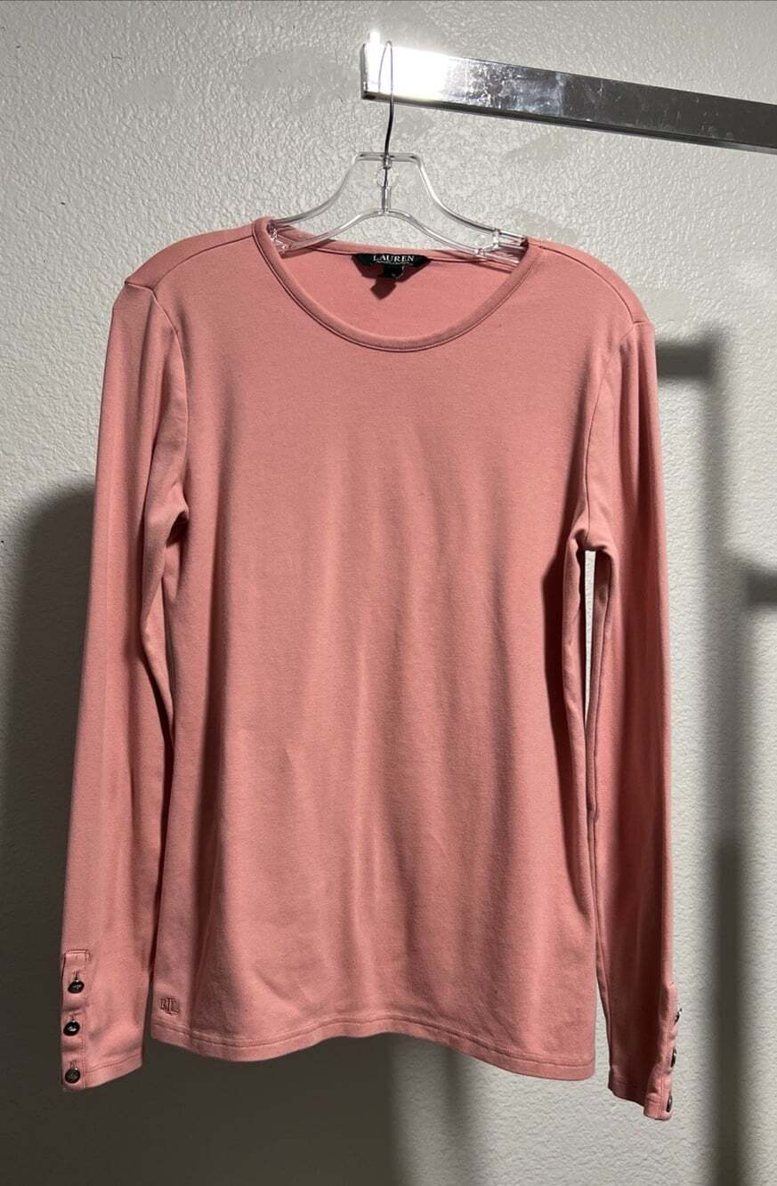 Lauren Ralph Lauren TShirt Sz L Womens Pink Preppy Embroidered Logo Long Sleeve